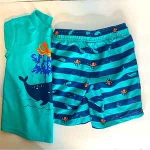 Carter’s Just One You Toddler Boys Swim Set. Short sleeve rash guard top. Sz 5T